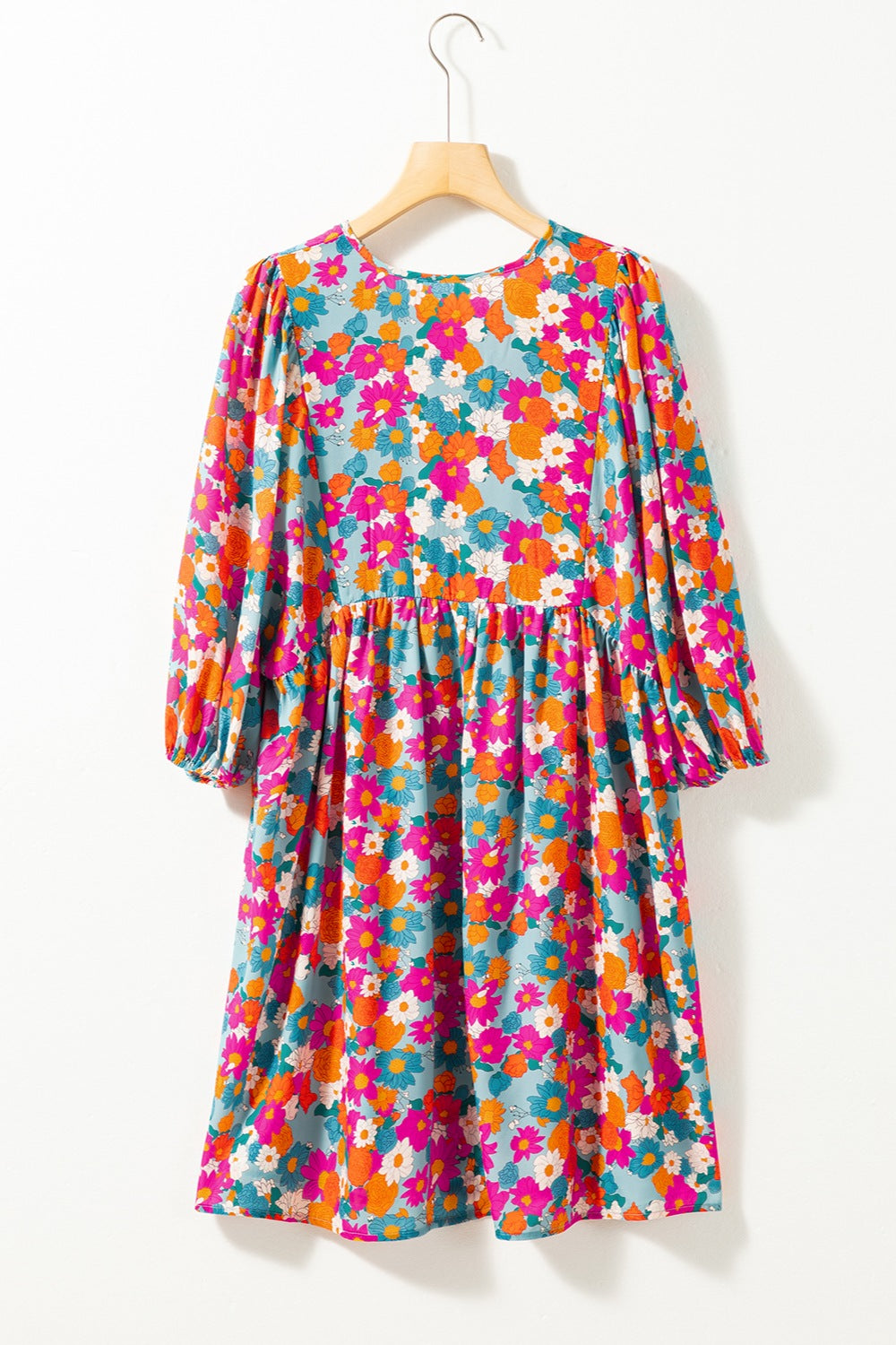 Floral Tie Neck Puff Sleeve Mini Dress