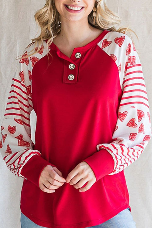 Heart Printed Round Neck Long Sleeve T-Shirt