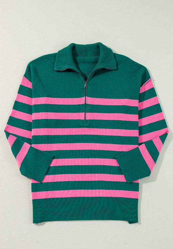 Contrast Striped Quarter Zip Long Sleeve Sweater