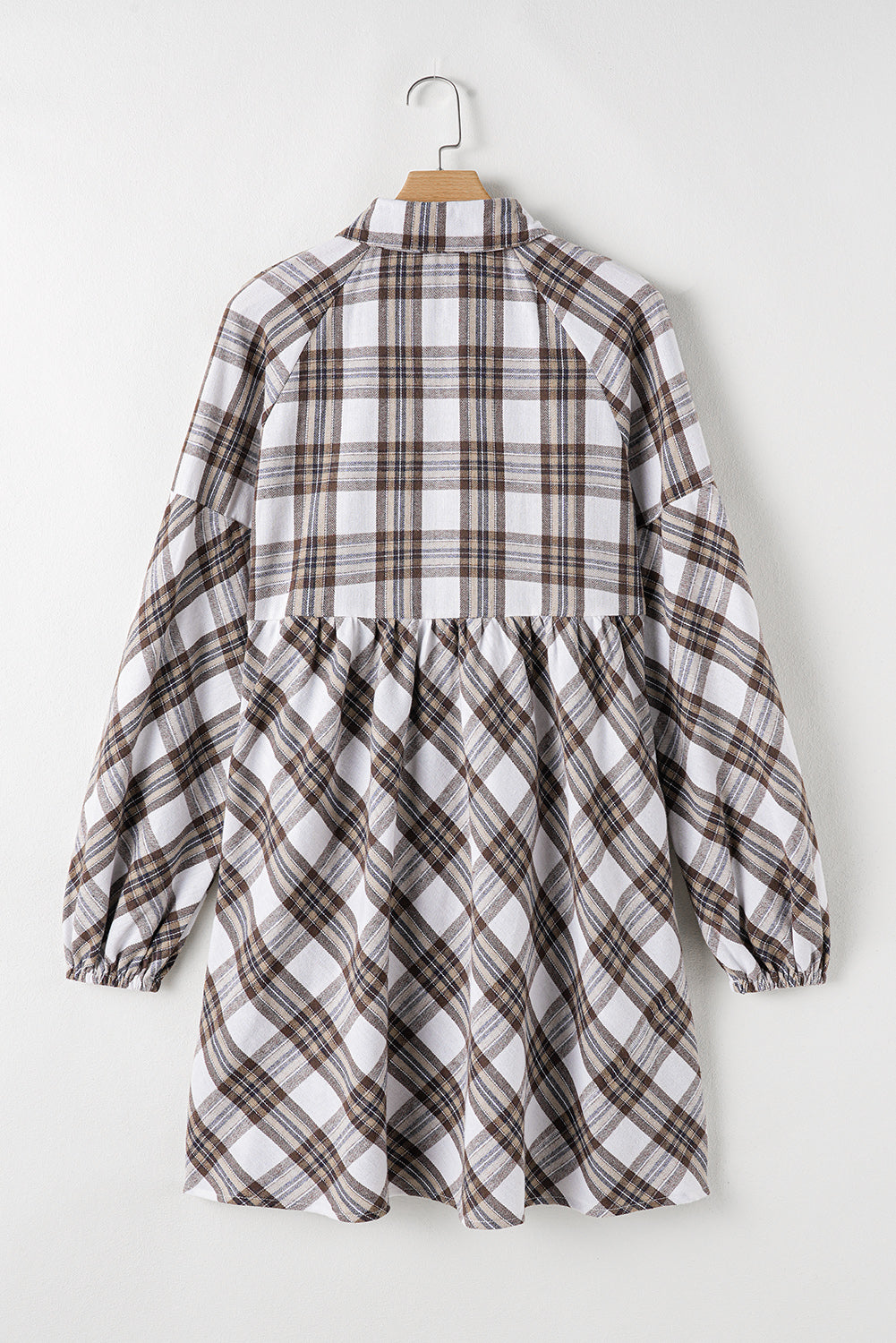 Full Size Plaid Collared Neck Balloon Sleeve Mini Shirt Dress